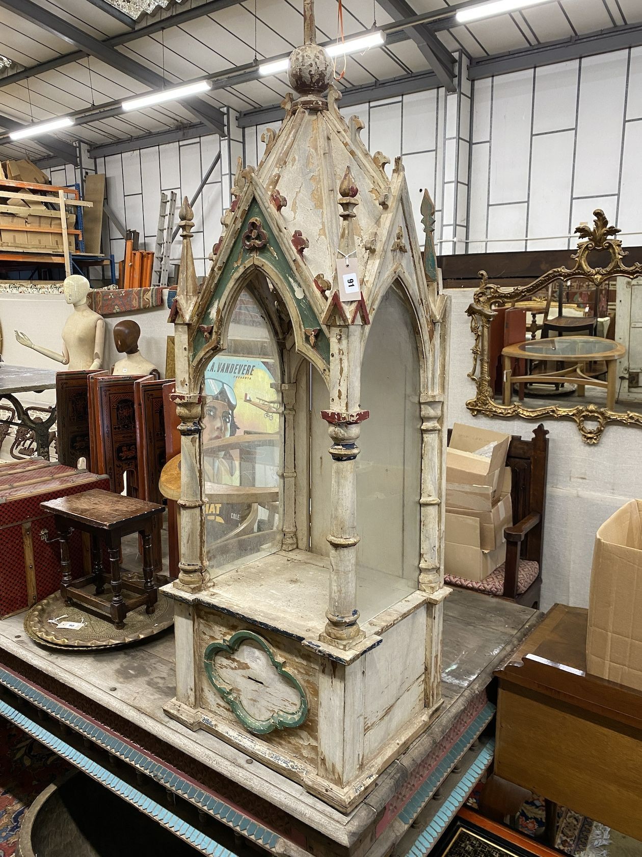 A painted carved wood shrine, width 51cm, height 152cm
